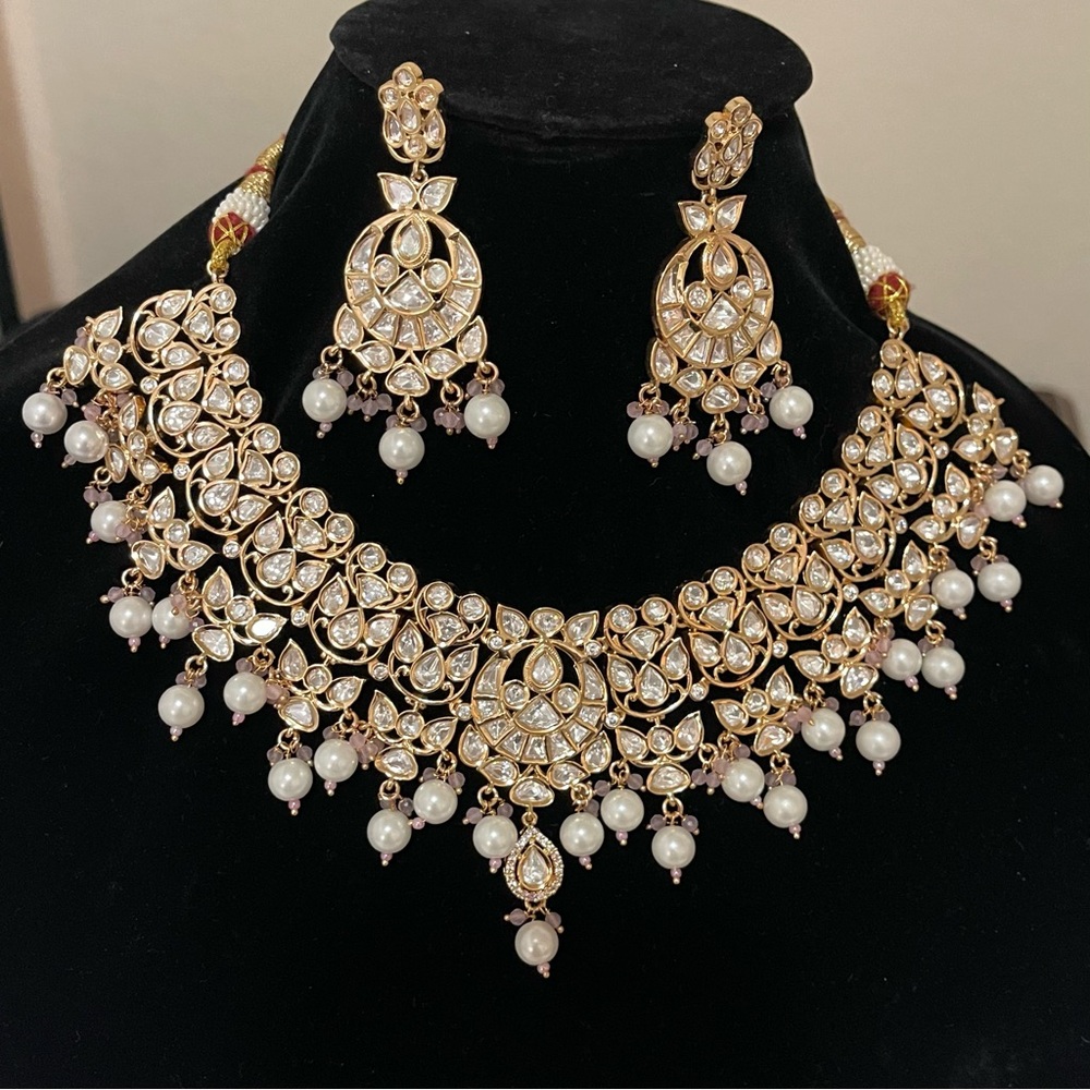 Kundan Polki Necklace Set Indian Bridal Pearl Gold CZ Tyaani Preeti Mohan